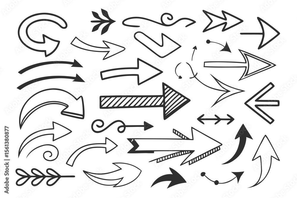 Fototapeta premium Hand-Drawn Arrow Set in Sketch Vector Format Featuring Circular and Curved Lines in Black for Infographic Templates, UI Navigation Projects, and Presentation Graphics.