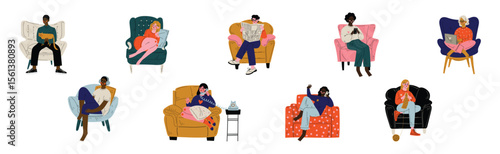 People Sit in Armchair at Home Doing Different Activity Vector Set
