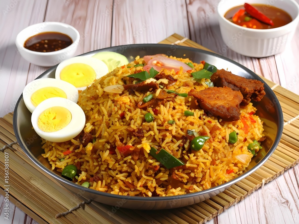 Spicy Fried Rice with Boiled Eggs, Fried Chicken, and Sambal Sauce – AI Generated Spicy Fried Rice with Boiled Eggs, Fried Chicken, and Sambal Sauce – AI Generated