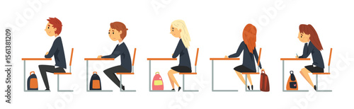 Boy and Girl School Pupil Sit at Desk at Lesson Vector Set