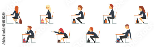Boy and Girl School Pupil Sit at Desk at Lesson Vector Set