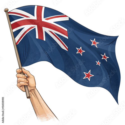 New Zealand flag held confidently in waving gesture showing national pride and southern identity