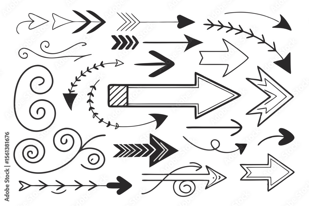 Fototapeta premium Curved and Zigzag Arrows in Hand-Drawn Vector Style Featuring Circular Sketch Icons in Black for Infographics, UI Navigation Projects, and Presentation Graphics.