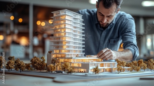 A male architect meticulously refines a detailed architectural model of a modern high-rise building