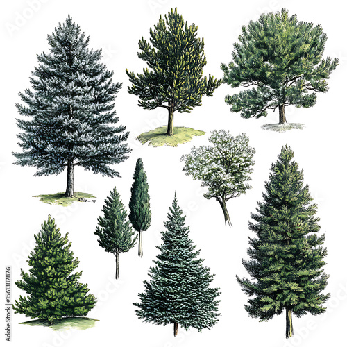Highly detailed illustrations of various trees, leaves, grasses, and botanical elements, featuring realistic, minimalist, and abstract compositions on a white background.