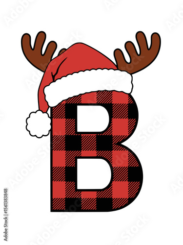 Plaid Letter B with Santa Hat and Reindeer Antlers, Christmas-themed letter B in buffalo plaid, decorated with a Santa hat and reindeer antlers, great for festive crafts and holiday designs.

