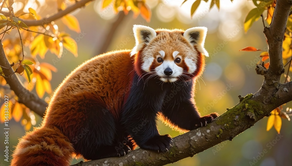 Fototapeta premium Red panda sits on a mossy tree branch surrounded by golden autumn foliage looking directly at the camera