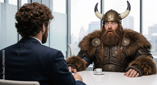 An Unconventional Job Interview: A Surprised Businessman Faces a Fully Dressed Viking Across a Modern Office Desk, Highlighting Unexpected Corporate Encounters.