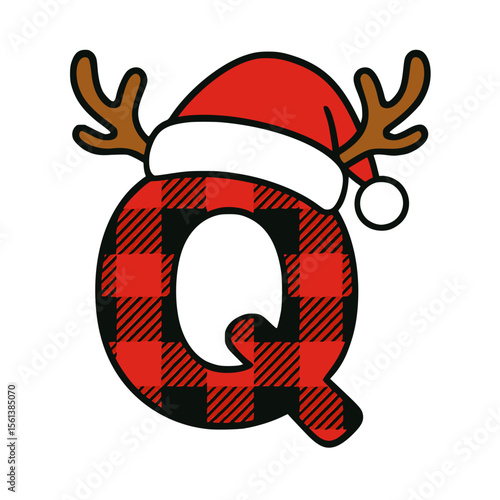 Plaid Letter Q with Santa Hat and Reindeer Antlers Christmas Design, Festive letter Q decorated with red buffalo plaid, Santa hat, and reindeer antlers, ideal for holiday crafts, cards, and seasonal 
