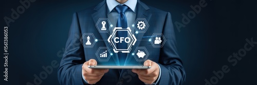 Businessman holding a tablet displaying a virtual cfo interface.