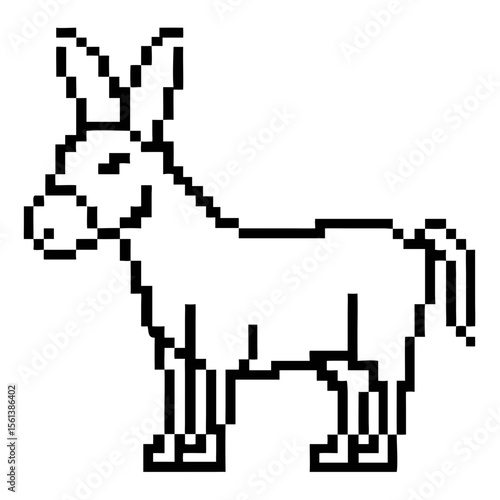 Pixel art depiction of a donkey standing in a simple outline style against a plain background