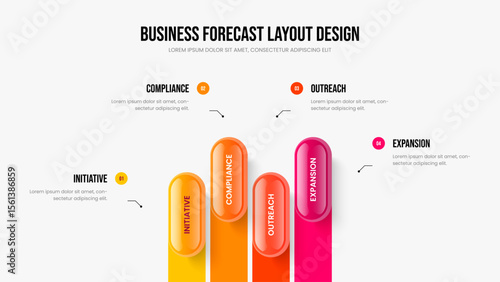 Business Analysis Four Element Diagram Frame Design. Enterprise Forecast 4 Step Infographic Slideshow Layout. Visual Insight Presentation Template Vector Illustration.