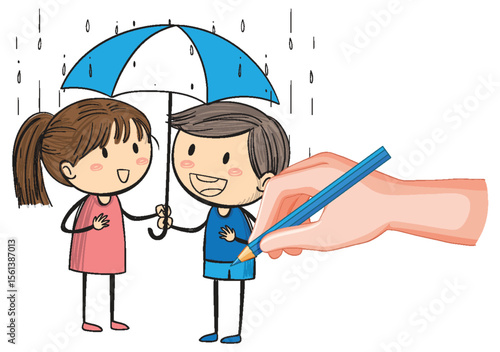 Doodle of Kids Under an Umbrella