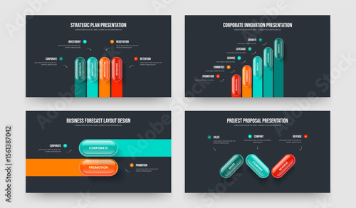 Advertising Solution Four Five Two Three Step Diagram Presentation Layout Vector Illustration Collection. Corporate Proposal 4 5 2 3 Element Infographic Slide Template Bundle.