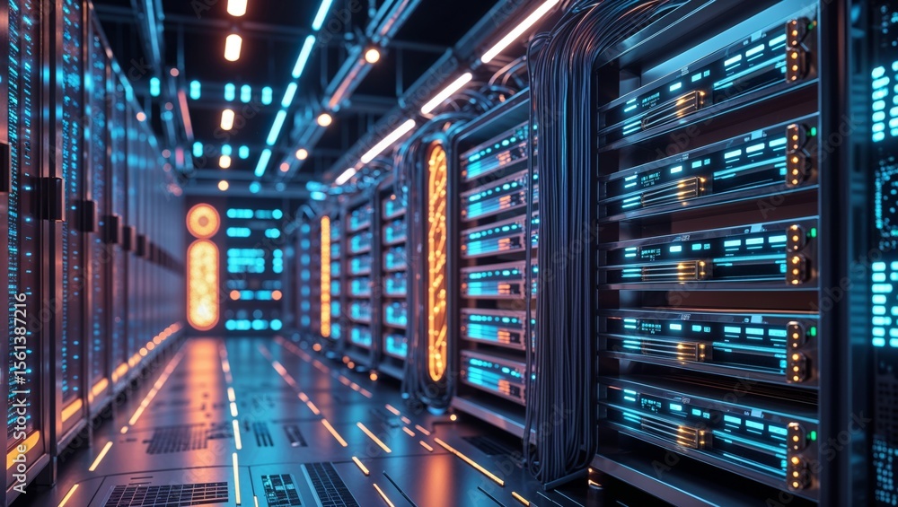 Inside a modern data center with rows of servers, and neon lights. Inside a modern data center with rows of servers, and neon lights.