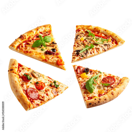 Four pizza slices with assorted toppings, ingredients floating above. PNG transparent