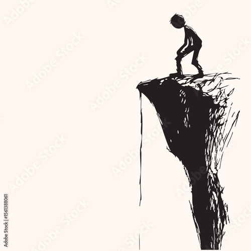 a silhouette of a person looking down a cliff illustration vector  hand drawn sketch line art black isolated on white background