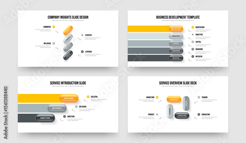 Investor Solution Four Five Three Four Element Diagram Presentation Design Vector Illustration Collection. Enterprise Planning 4 5 3 4 Option Infographic Slideshow Layout Bundle.