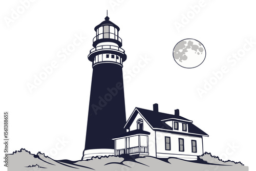 Lighthouse Tower with Moon Illustration for Night Scene and Coastal Themes