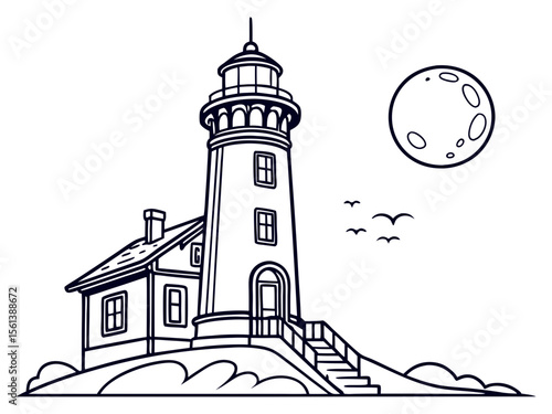Lighthouse and Crescent Moon Scene for Nautical or Tranquil Designs