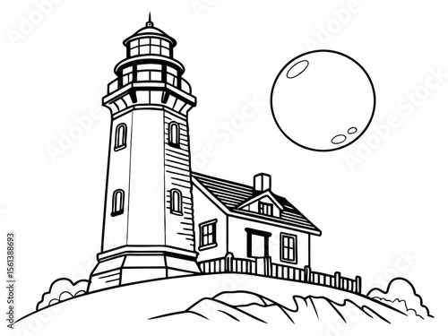 Vector of Lighthouse and Moon on White Background for Navigation Design