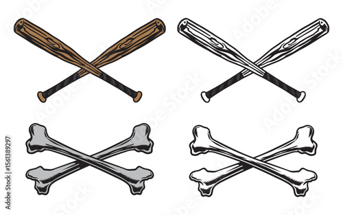 set of baseball bat crossed and crossbones 