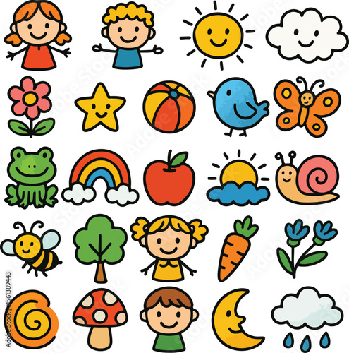 Collection of Cute Hand Drawn Children and Nature Elements for Kids