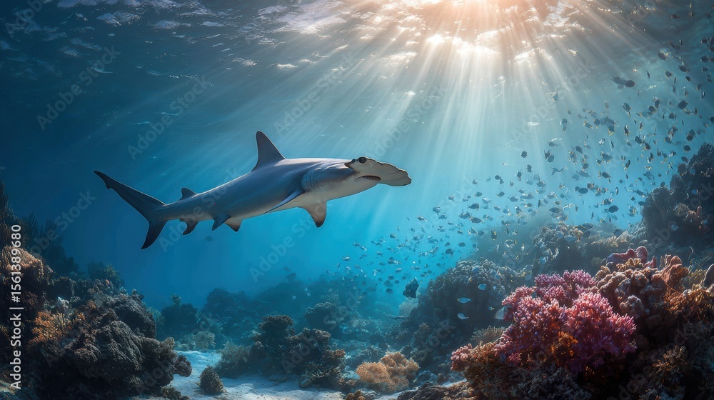 Obraz premium Side view of a powerful hammerhead shark gliding gracefully through