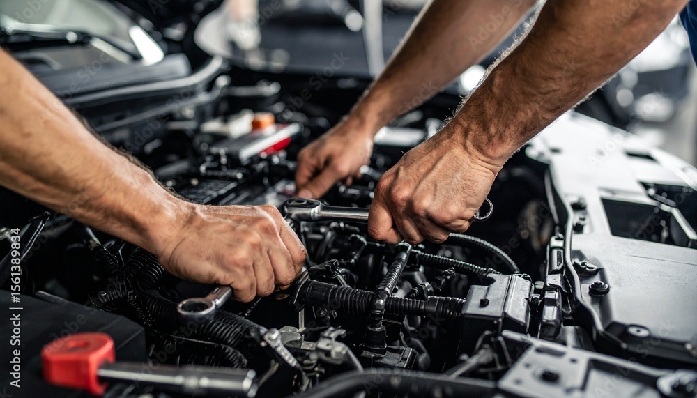 Close-up of mechanic hands repairing a car engine in a garage workshop Close-up of mechanic hands repairing a car engine in a garage workshop