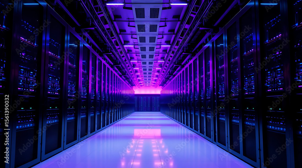 Fototapeta premium Modern data center with illuminated server racks in a secure server room with blue LED lighting 