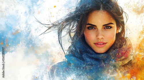 Beautiful woman portrait with artistic watercolor effect and windblown hair.