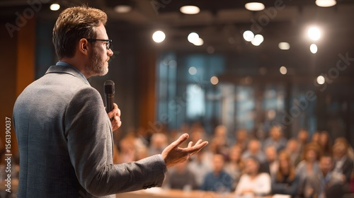 Man in suit speaking at a conference with audience in the background.