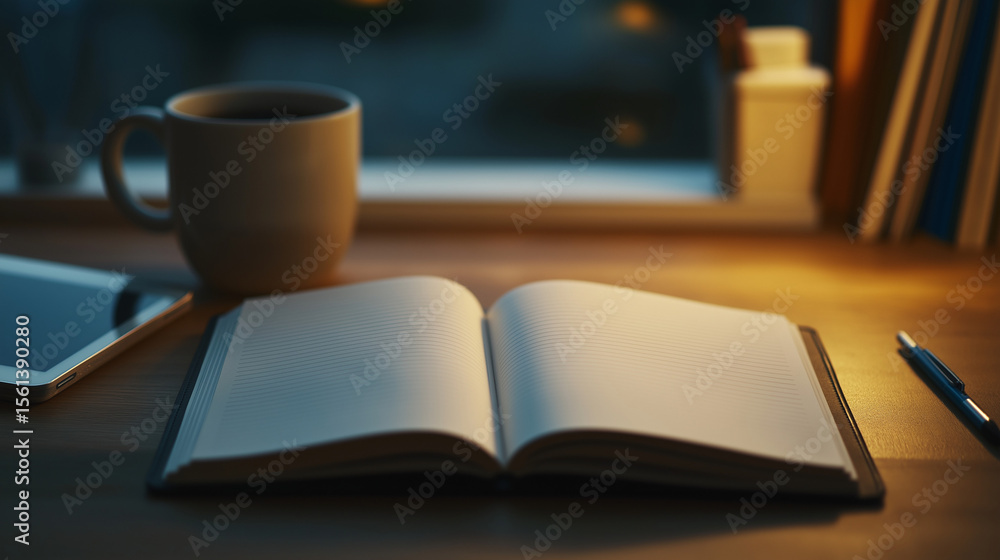 Fototapeta premium Open blank notebook with mug on desk at night