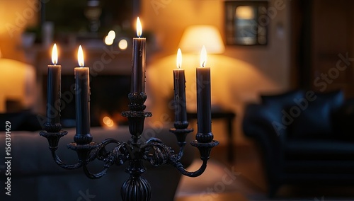 Dark antique candleholder with lit candles in a cozy living room