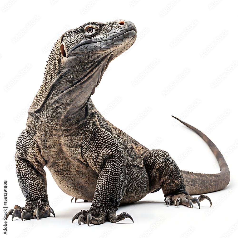 Obraz premium A komodo Dragon is posing in a straightforward manner, isolated on a white background.