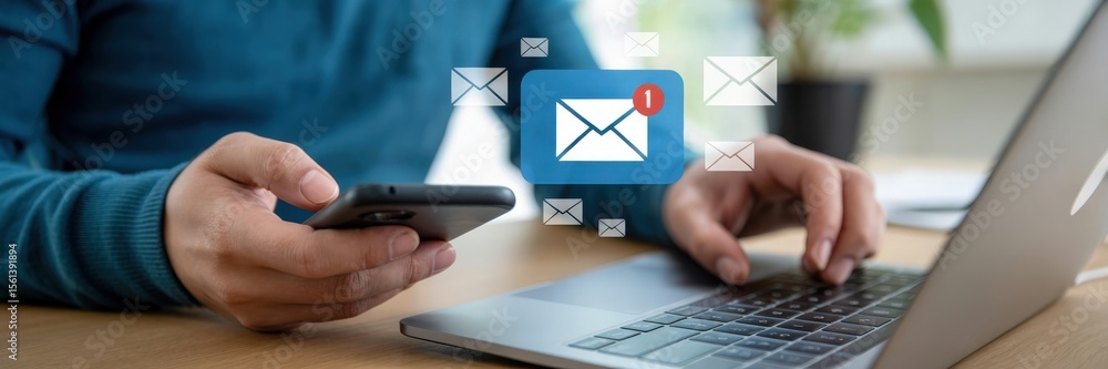 custom made wallpaper toronto digitalPerson using a laptop and mobile phone with email notifications.