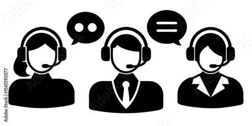 Three diverse customer service representatives wearing headsets and communicating with speech bubbles