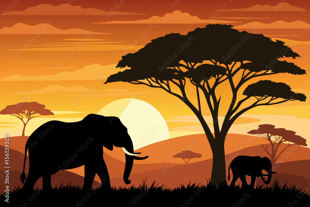 Obraz premium elephants in the sunset background vector file