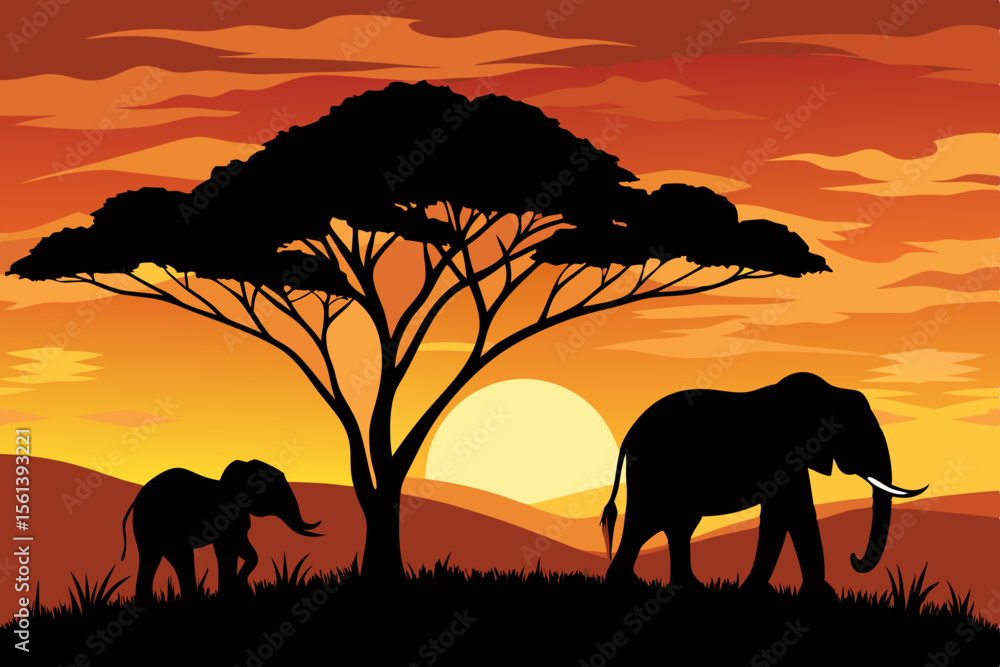 Obraz premium elephants in the sunset background vector file