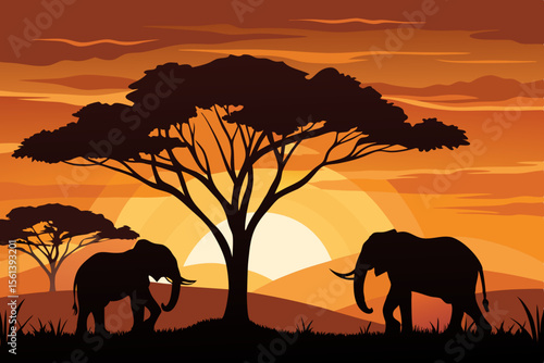 Photography elephants in the sunset background vector file