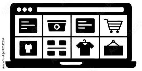 Laptop screen displaying various product icons for online shopping and e commerce