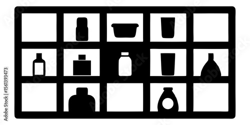 Collection of black silhouette bottles and containers on white background
