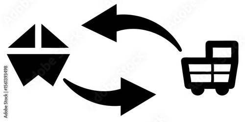 Abstract representation of a shopping cart and a stylized object with circular arrows