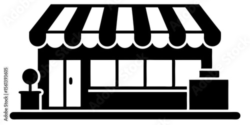 Simple black and white icon of a storefront with an awning and windows