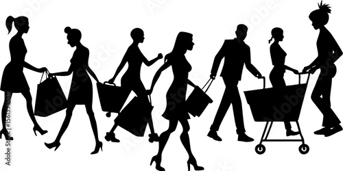 Diverse group of people in silhouette carrying shopping bags and pushing a cart
