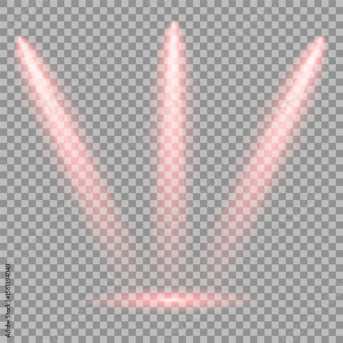 Bright shining projector beams isolated on transparent backdrop. Light show. Various red spotlight beams isolated on transparent background. Glowing stage light ray isolated on transparent background.