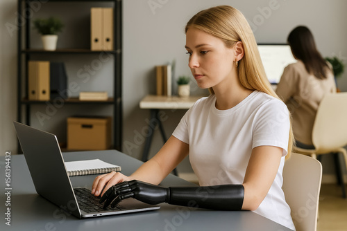 Young blonde woman with prosthetic arm working with a laptop in a cozy office