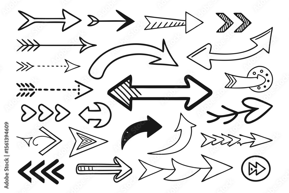 Doodle Arrow Icons in Hand-Drawn Vector Style Featuring Curved and Circular Shapes. Black Sketch Arrows for Creative Infographics, Navigation UI, and Presentation Graphics.
Doodle Arrow Icons in Hand-Drawn Vector Style Featuring Curved and Circular Shapes. Black Sketch Arrows for Creative Infographics, Navigation UI, and Presentation Graphics.