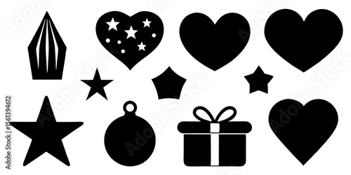 Collection of black silhouettes featuring hearts stars gift box ornament and pen nib
