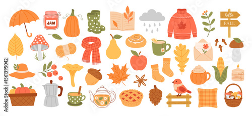Cute fall elements set with autumn food, clothes, leaves, mushrooms, drinks and cozy seasonal items in flat hand drawn style